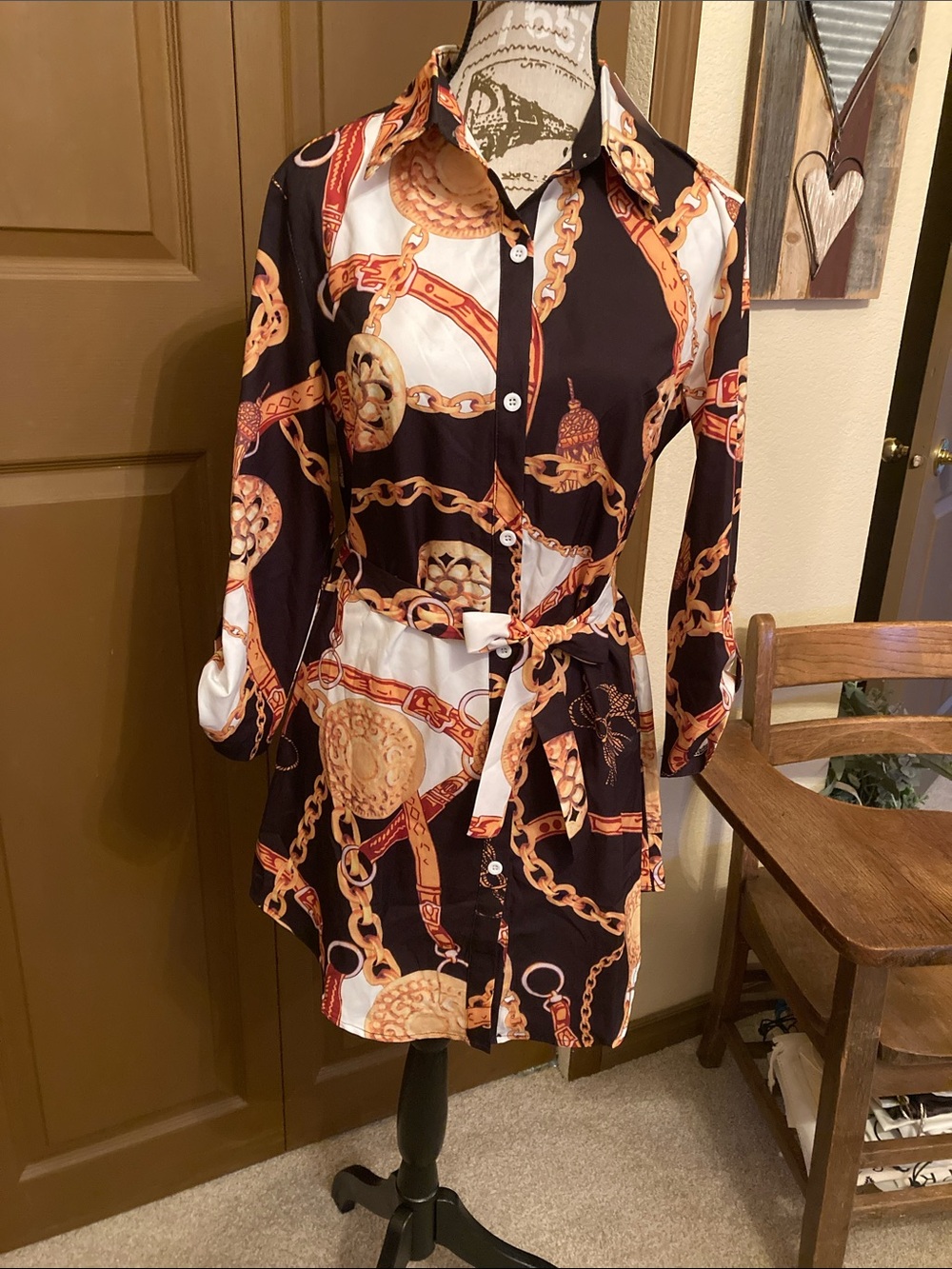 Ellegantti Baroque Black & Gold Chain Print Belted Dress/Shirt Button Up NWT